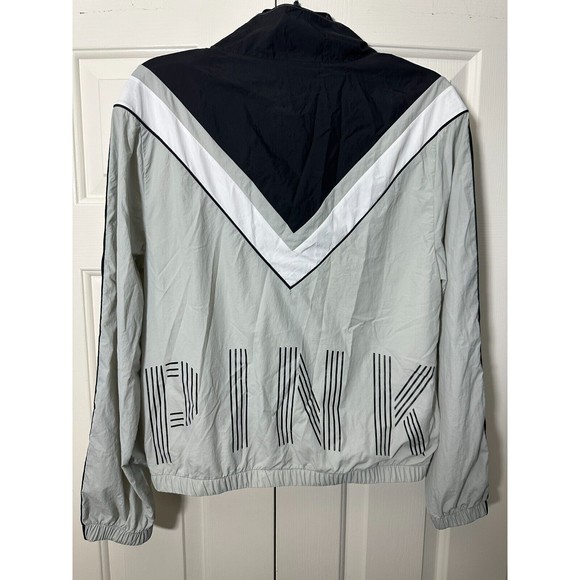 PINK Victoria's Secret Black Logo Zip Windbreaker Jacket Black White Gray XS - Picture 4 of 16